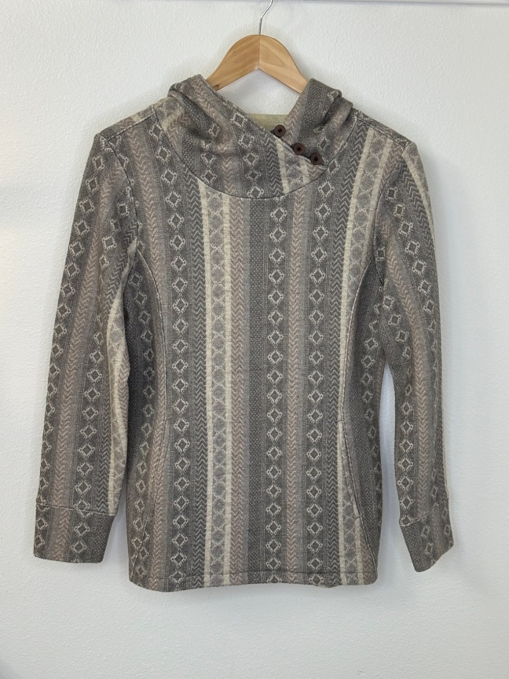 ibex Merino Wool Reese Hoody Maya Pullover Gray & Cream Patterned Hooded Sweater